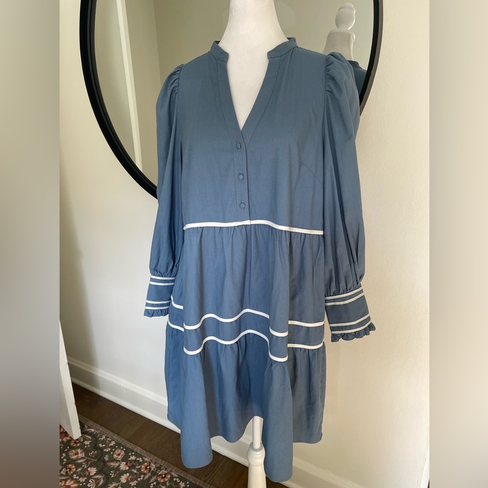 Pomander Place Blue Long Sleeve Tiered V-Neck Dress with White Trim - Picture 7 of 10
